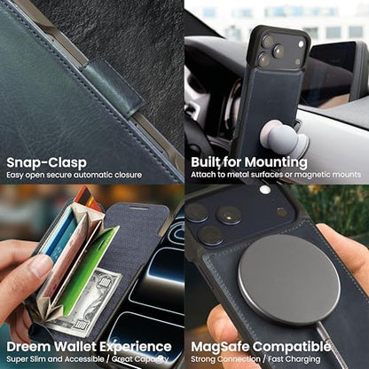 Dreem Real Leather Magnetic Detachable Wallet Case for iPhone 17 Pro | Revolutionary Vert/Hor Phone Stand, RFID Blocking Card Holder Flip Cover, MagSafe-Fit, Gift Box [Fibonacci: Graphite Blue]
