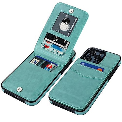 KIHUWEY for iPhone 14 Pro Max Wallet Case Card Holder Kickstand, Mint Green | Credit Card Slots, PU Leather, Magnetic Clasp, Flip Heavy Duty Protection Cover for Men and Women - color: Mint Green