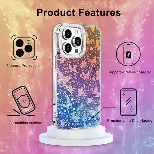 I-MGAE-IN-AR Designed for iPhone 12 Case & iPhone 12 Pro Case,Cute Soft Slim TPU Shockproof Protective 3D Diamond Camera Lens Protection Frame Butterfly Phone Cases Women Girls Gradient Iridescent - color: Gradient Iridescent, size: iPhone 12/12 Pro