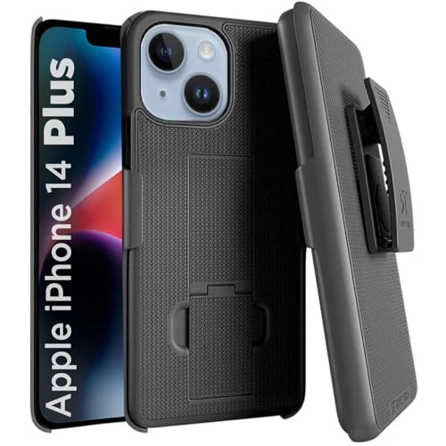 Designed for iPhone 14 Plus Case with Belt Clip Holster | Rugged Holster & Protective Phone Case Combo with Anti-Slip Texture - Black - color: Black, style: iPhone 14 Plus