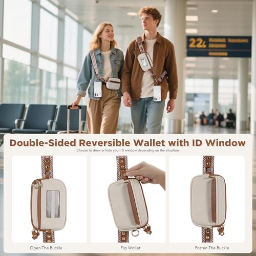Tiostep Clip and Go Strap for Phone with Wallet Crossbody Phone Lanyard Adjustable and Anti-Theft Leather Purse with RFID Zipper Pouch for Travel Daily Life. Medium White-Brown - color: White Brown