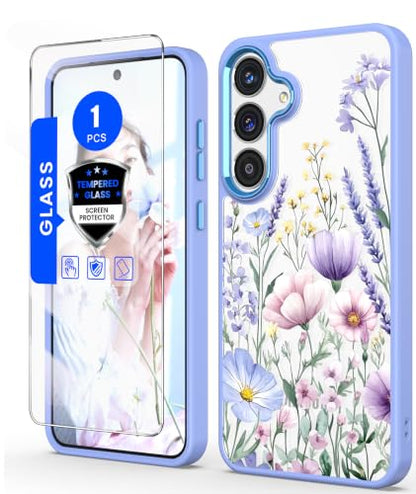 Clear Flower Pattern Case for Samsung Galaxy S26 FE-Light Purple | Girl Women Slim Soft TPU + Hard PC Military Grade Protective Phone Cover WithTempered Glass Screen Protector for S26 FE - color: S26 FE-Light Purple