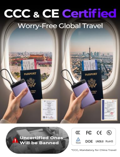 LISEN CCC Certified [Metal Alloy] 0.5" Ultra Slim 10000mAh Power Bank 3C, TSA Approved Airplane Travel Essentials, Portable Charger USB C Fast Charging for iPhone 17 16 15 Pro Samsung Galaxy,Purple - color: Purple