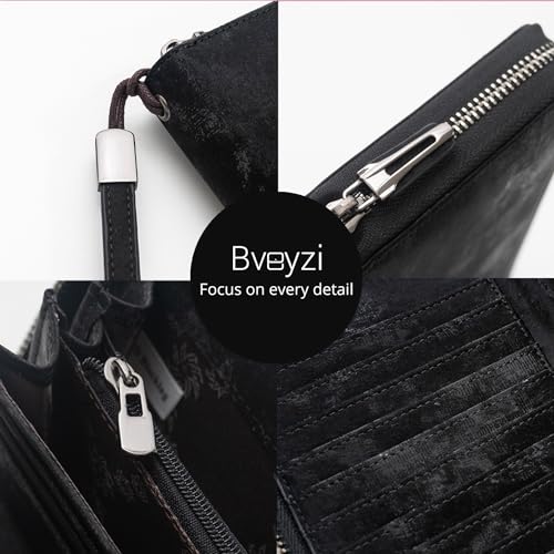 Bveyzi Women RFID Blocking Wallet Leather Zip Around Phone Clutch Large Capacity Ladies Travel Purse Wristlet - color: Midnight Black