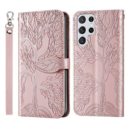 Wallet Case for Samsung Galaxy S22 Ultra with Card Holder/Slot,Leather Flip Folio Stand Shell Magnetic Closure Wrist Strap Kickstand Phone Case(Galaxy S22 Ultra 6.8 inch) Rose Gold - color: Rose gold, size: Samsung Galaxy S22 Ultra