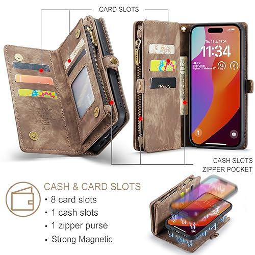 Compatible with iPhone 15 Pro Wallet Case with Magsafe,Coffee | Magnetic Detachable Case,Card Holder,Zipper Pocket,Strap Wristlet, Soft Leather Drop-Proof Phone Case for iPhone 15 Pro 6.1“ - color: Coffee, size: iPhone 15 Pro 6.1"