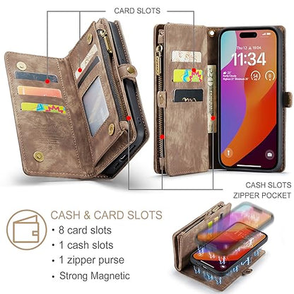 Compatible with iPhone 15 Pro Max Wallet Case with Magsafe,Coffee | Magnetic Detachable Case,Card Holder,Zipper Pocket,Strap Wristlet, Soft Leather Drop-Proof Phone Case for iPhone 15 Pro Max - color: Coffee, size: iPhone 15 Pro Max 6.7"