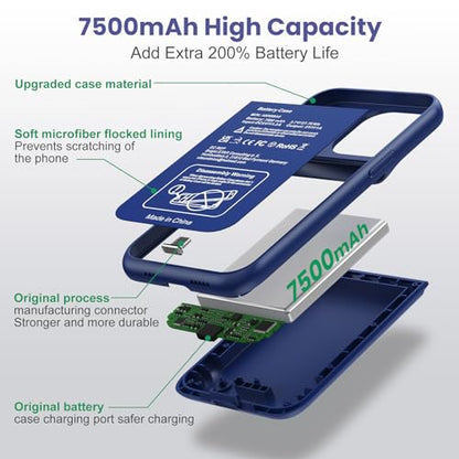 Battery Case for iPhone 14/13/13 Pro (6.1 Inch),Upgraded 7500mAh Ultra-Slim Portable Charging Case Rechargeable Protective Extended Battery Pack for iPhone 14/13/13 Pro Charger Cover-Blue - color: Blue