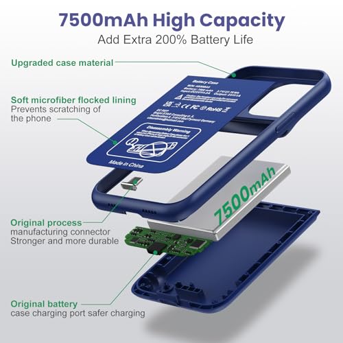 Battery Case for iPhone 14/13/13 Pro (6.1 Inch),Upgraded 7500mAh Ultra-Slim Portable Charging Case Rechargeable Protective Extended Battery Pack for iPhone 14/13/13 Pro Charger Cover-Blue - color: Blue