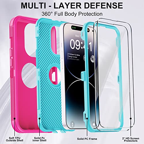 for iPhone 14 Pro Max Case with 2 Screen Protector,Full Body Shockproof Drop Protection Dust Proof Heavy Duty 3-Layer Military Rugged Durable Cover for Apple iPhone 14 Pro Max 6.7" (Rose) - color: Rose/light green II