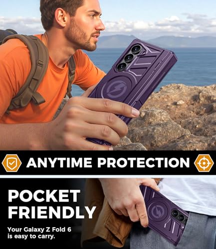Magnetic for Galaxy Z-Fold-6 Case: Heavy Duty Armor Phone Case [Compatible with MagSafe][Hinge Protection][Dual Kickstand] Shockproof TPU+PC Cover for zfold 6 5G 2024 Purple - color: Purple