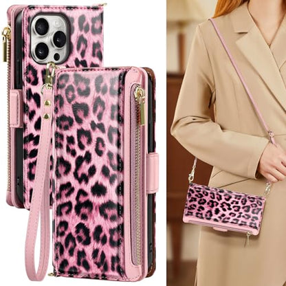 Antsturdy Crossbody Phone Wallet Case for iPhone 15 Pro,Leopard - Pink | RFID Blocking,PU Leather Flip Cover,Kickstand,with Credit Card Holder,Wrist Strap Lanyard & Handbag Purse,for Women & Men - color: (Crossbody) - Leopard-Pink