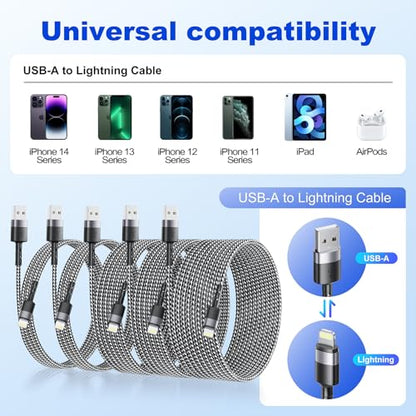 USB to Lightning Cable, 5-Pack [3.3/3.3/6.6/6.6/10FT], Nylon Braided & Data Transfer USB A to Lightning Cord, Compatible with with iPhone 14/13/12/11, iPad, AirPods (USB-A to Lightning)