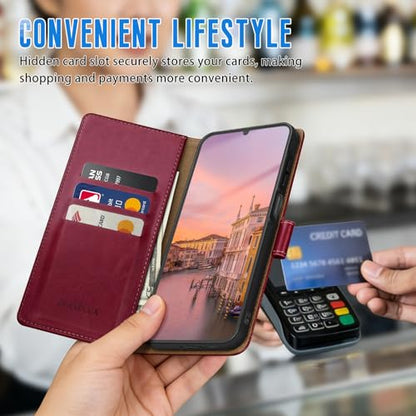 Wallet Case for Samsung Galaxy A17 5G, Wine Red | RFID-Blocking Card Holder, Kickstand, Magnetic Closure, PU Leather Folio Flip Cover, Protective Women Men Cases - color: Wine Red, size: SamsungGalaxy A17
