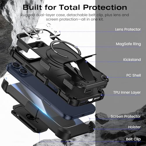 Caka 4-in-1 for iPhone 17 Pro Max Case with Belt Clip Holster and Stand | HD Glass Screen & Camera Lens Protector, Compatible with MagSafe, Hidden Kickstand, Rugged Heavy Duty Shockproof Phone Cover - color: Black