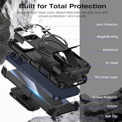 Caka 4-in-1 for iPhone 17 Pro Max Case with Belt Clip Holster and Stand | HD Glass Screen & Camera Lens Protector, Compatible with MagSafe, Hidden Kickstand, Rugged Heavy Duty Shockproof Phone Cover - color: Black