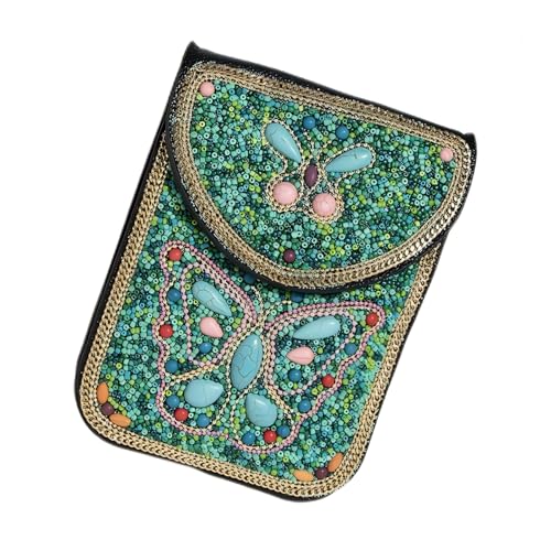 Women's Mobile Phone Bag, Cellphone Pouch, Retro Beads Shoulder Bag, Handcrafted Embellished Clutch Purse, Beaded Design - color: 11a