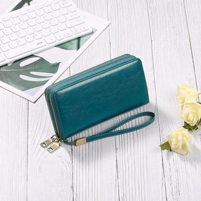 GAEKEAO RFID Leather Wristlet Wallet for Women with Grip Strap | Large capacity clutch wallet, credit card holder, wrist strap, zipper purse, travel and shopping - color: A08 Wax Peacock Blue