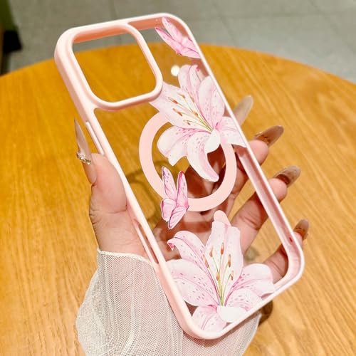 Magnetic for iPhone 11 Pro Max Case [Compatible with MagSafe] Cute Lily Flower Pattern Design for Summer Hawaiian, Clear Shockproof Protective Case for Girls Women-Pink - color: Pink, size: iPhone 11 Pro Max