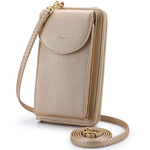 S-ZONE Small Crossbody Bags for Women Phone Purse RFID Blocking Wallet | Card Slots, Vegan Leather, Anti-theft, Multi Pockets, Detachable Adjustable Strap, Travel Eveyday Outing - color: Metallic Gold