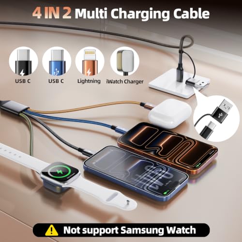 Travel Essentials 4 in 2 Multi Charging Cable for iWatch Charger 2Pack,5FT - color: Black&Green&Coffee, size: AC to 2C+L+iWatch
