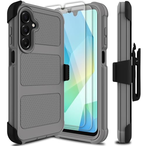 for Samsung Galaxy A16 5G Case with 2 Pack Tempered Glass Screen Protector, [Holster Series] Belt Clip Hard Tough Heavy Duty Rugged Shockproof Protective Cell Phone Case (Gray) - color: Gray