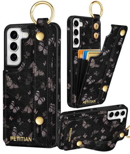 Petitian for Samsung Galaxy S22 Wallet Case, Black Butterfly - color: Black Butterfly, size: Samsung Galaxy S22