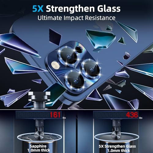 YWXTW Camera Lens Protector for iPhone 15 Pro Max/iPhone 15 Pro, [Lithography Laser Gradient] [5X Strengthen] Tempered Glass Screen Protector Metal Ring Back Camera Lens Cover (Blue Glitter) - color: Blue Glitter