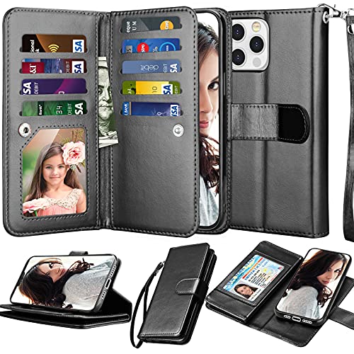 NJJEX Compatible with iPhone 13 Mini Case/iPhone 13 Mini Wallet Case 5.4" (2021), [9 Card Slots] PU Leather Credit Holder Folio Flip [Detachable] Kickstand Magnetic Phone Cover & Lanyard [Black] | PU leather, ID Credit Card Holder, detachable folio flip,