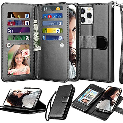 NJJEX Compatible with iPhone 13 Mini Case/iPhone 13 Mini Wallet Case 5.4" (2021), [9 Card Slots] PU Leather Credit Holder Folio Flip [Detachable] Kickstand Magnetic Phone Cover & Lanyard [Black] | PU leather, ID Credit Card Holder, detachable folio flip,