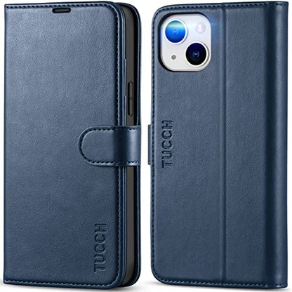 TUCCH Case Wallet for iPhone 14 Plus (6.7"), RFID Blocking Folio, Dark Blue | 4 Card Holders, Kickstand, PU Leather, Magnetic Closure, Shockproof TPU Shell, Protective Flip Cover - color: Dark Blue