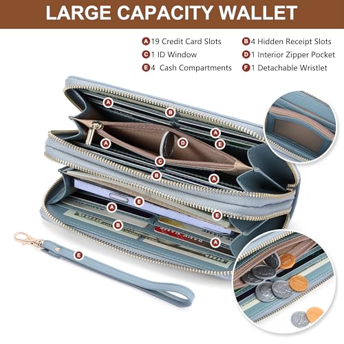 yiijay Womens Wallet RFID Blocking Large Capacity Vegan Leather Double Zip Wristlet Wallet Card Holder Travel Ladies Clutch - color: Blue