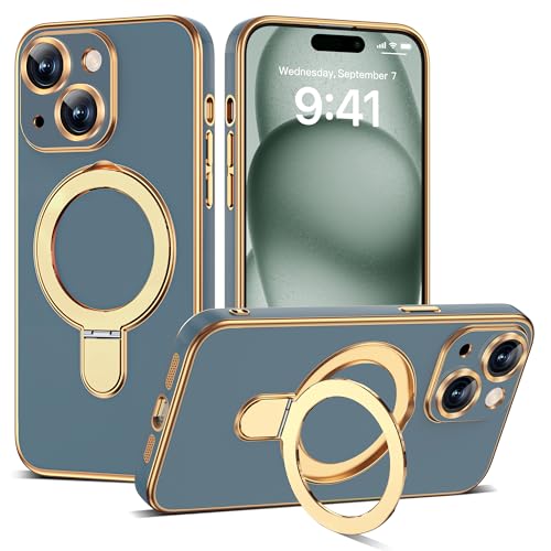 Compatible with iPhone 15 Case with Magnetic Ring Stand [Compatible with Mag-Safe] [Full Camera Lens Protector] Soft Plating Phone Case for iPhone 15 6.1", Grey Blue - color: Grey Blue, size: Iphone 15