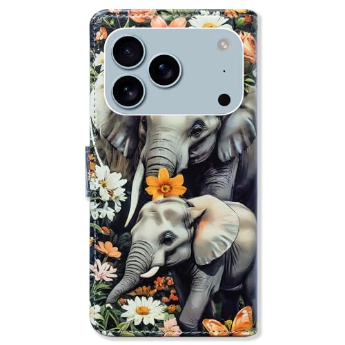 Bcov Case for iPhone 17 Pro,Elephant Mother Baby Flowers Leather Flip Phone Case Wallet Cover with Card Slot Holder Kickstand for iPhone 17 Pro - color: Elephant Mother Baby Flowers