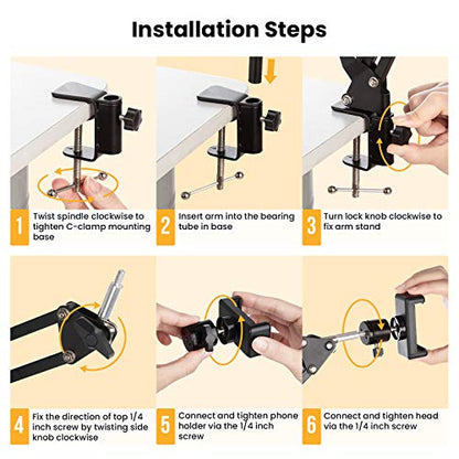 TARION Overhead Phone Stand Articulating Boom Stand Lazy Arm Black
