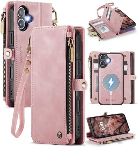 Defencase for iPhone 17 Phone Case Wallet Compatible with Magsafe, Rosepink | Magnetic Detachable, Drop-Proof Protective Wallet Cases Cover, with RFID Bolcking Card Holder, Zipper Strap, Soft PU Leather - color: (Detachable with Magsafe)-Pink