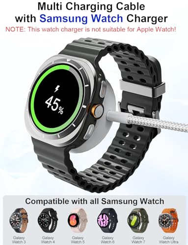 100W Multi Charger Cable for Samsung Galaxy Watch Ultra/Classic/8/7/6/5-4-in-1 10ft Galaxy Watch Charger Multi Charging Cable with USB C, Lightning & Micro USB for Samsung Watch and Multiple Devices