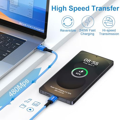 10FT 240W USB C to USB C Cable for iPhone 17e/17 Pro Max/17 Pro/17/16 Pro - color: Blue