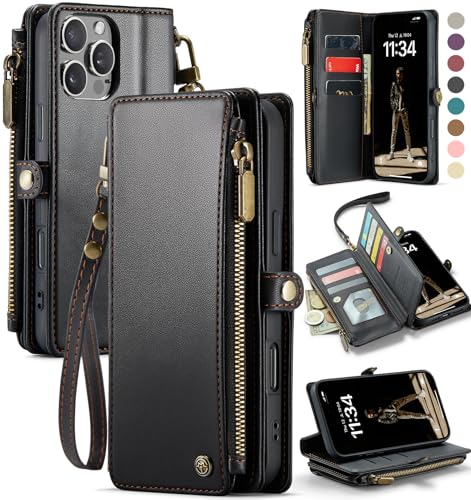 Defencase for iPhone 16 Pro Max Wallet Case with RFID Card Holder, Black | Durable Soft PU Leather, with Zipper Pocket, Wrist Strap, Fashion Snap Flip Phone Cases Cover with Stand for Women and Men - color: Black