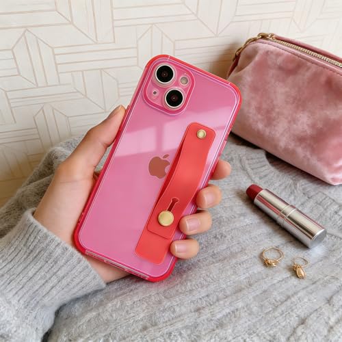 Strap Case for iPhone 15 with Stand, Neon Magenta | Wrist Strap Kickstand, Adjustable Finger Hand Grip Loop, Slim Transparent Anti-Scratch Back, Soft Bumper Phone Cover - color: Neon Magenta, size: iPhone 15
