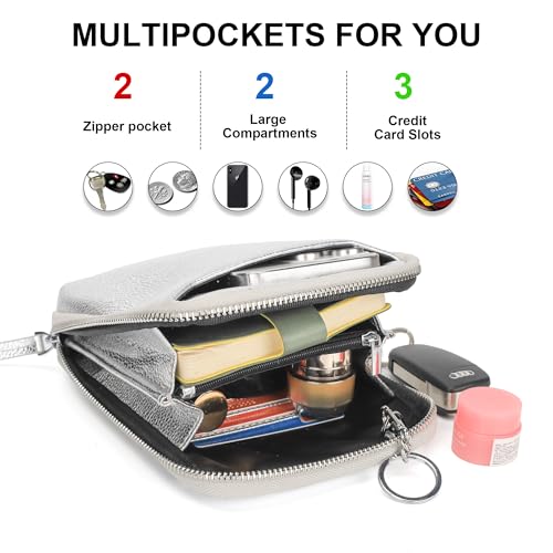 befen Genuine Leather Crossbody Cell Phone Purse for Women, Small Zip Around RFID Blocking Crossbody Wallet Bags - color: Silver