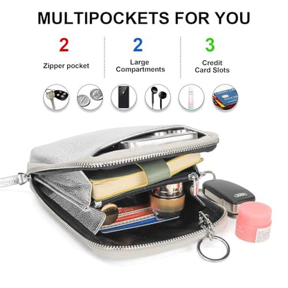 befen Genuine Leather Crossbody Cell Phone Purse for Women, Small Zip Around RFID Blocking Crossbody Wallet Bags - color: Silver