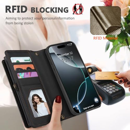 for iPhone 15 Wallet Case, Detachable Magnetic Shockproof Phone Case,Faux Leather Crossbody Wallet,with RFID Blocking，Zipper Card Holder，Shoulder Strap (Black) - color: Black, size: iPhone 15