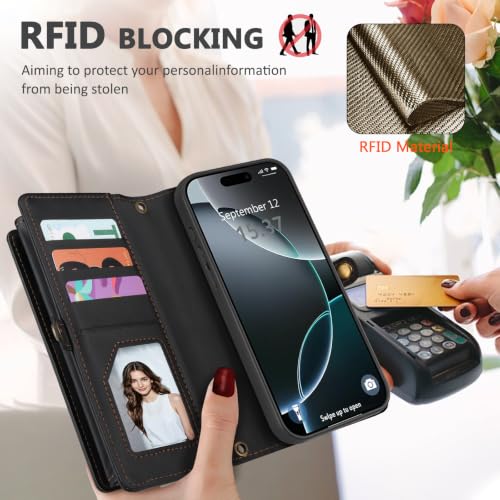 for iPhone 16 Pro Max Wallet Case, Detachable Magnetic Shockproof Phone Case,Faux Leather Crossbody Wallet,with RFID Blocking，Zipper Card Holder，Shoulder Strap (Black) - color: Black, size: iPhone 16 Pro Max