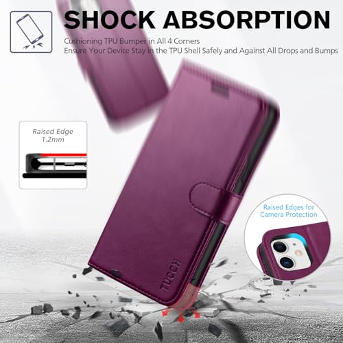 TUCCH Wallet Case for iPhone 11 (6.1") 2019, 3 Card Holders, Plum Purple | RFID Blocking, Viewing Stand, Shockproof TPU Shell, PU Leather, Magnetic Closure, Protective Folio Flip Cover - color: Plum Purple
