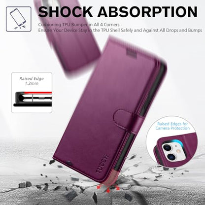 TUCCH Wallet Case for iPhone 11 (6.1") 2019, 3 Card Holders, Plum Purple | RFID Blocking, Viewing Stand, Shockproof TPU Shell, PU Leather, Magnetic Closure, Protective Folio Flip Cover - color: Plum Purple