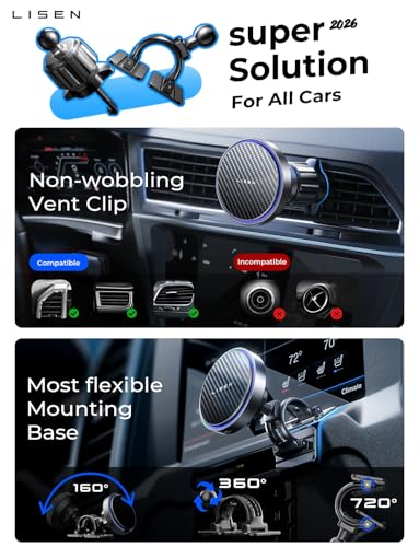 LISEN 15W MagSafe Car Mount Charger Phone 18, [Carbon Fiber] Magnetic Wireless Car Charger, Dashboard & Air Vent Car Phone Holder Mount Magnetic Universal for iPhone 17/16/15/14/13/12, Samsung Pixel - color: Carbon Fiber