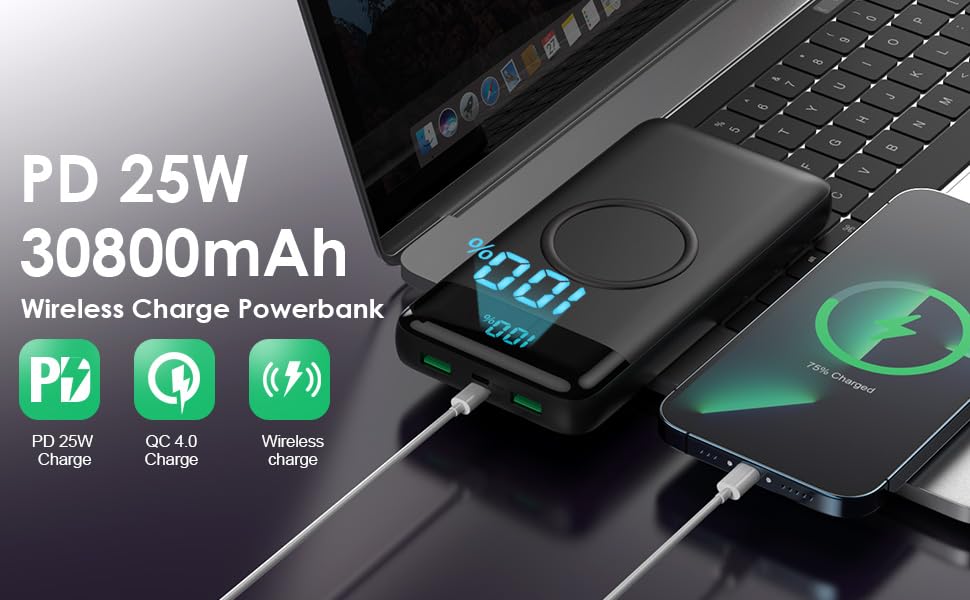 Wireless Portable Charger 30,800mAh,15W Wireless Charging USB C Power Bank,25W PD QC 4.0 Fast Charging 4 Outputs Travel Essentials Battery Pack Compatible with iPhone 17/16/15/14/13/12,Galaxy,Android - color: Black