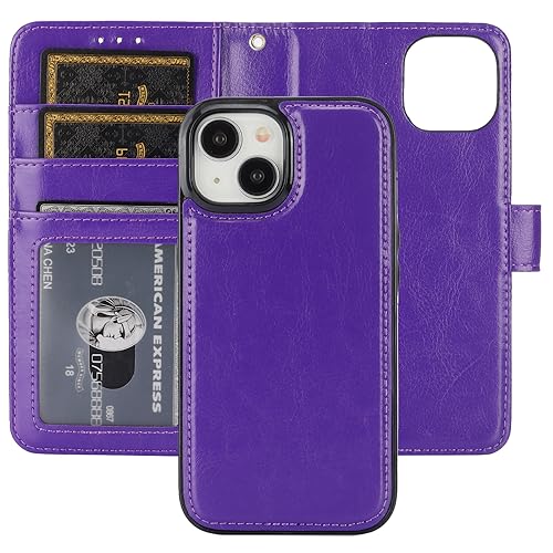 Bocasal Detachable Wallet Case Card Holder for iPhone 15, Purple | RFID Blocking Kickstand Card Slots Holder PU Leather Magnetic Shockproof Wrist Strap Removable Flip Protective Cover 6.1 inch - color: Purple