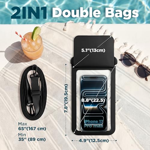 CACOE Waterproof Phone Pouch 2 Pack Up to 8.8", Double Bag, Black+Pink | IPX8 Waterproof Phone Case,Adjustable Lanyard,Dry Bags for Beach/Cruise/Travel/Camping/Kayak/Hiking/Lake/Vacation Essentials - color: Black+Pink